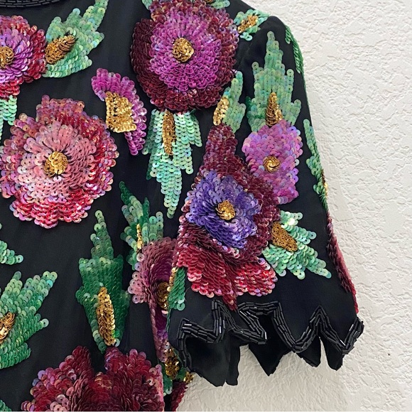 Vintage Laurence Kazar Heavily Beaded Sequin Floral Blouse Size M - Picture 13 of 16